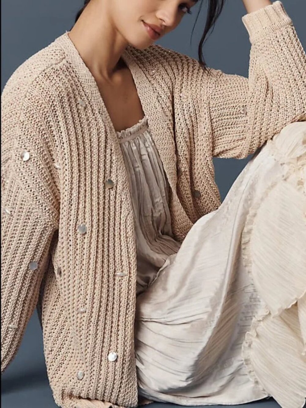 By Anthropologie Shell Embellished Cardigan Cream